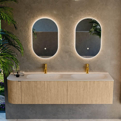 MONDIAZ KURVE-DLUX 175cm meuble de salle de bains arrondi gauche couleur chêne avec 2 tiroirs et 1 porte. Lavabo STOR SMALL double / droite 2 trous de robinet Meli.