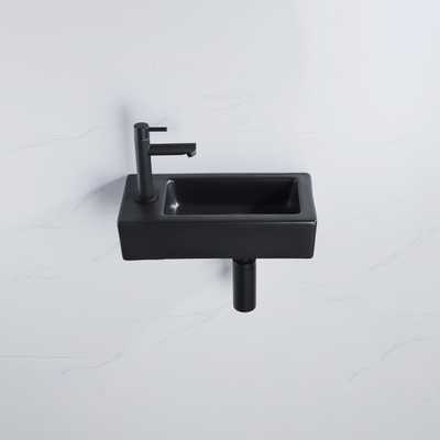 QeramiQ Fuente pack lave-mains – 37,5 x 18,5 x 9 cm – céramique noir mat – perçage à gauche – robinet noir mat