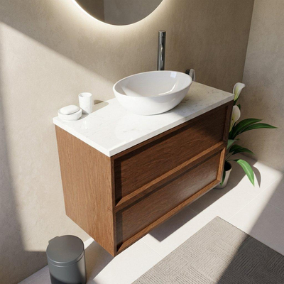 Saniclass Holz Frame Ensemble de meubles de salle de bains - 100x45x63cm - Plan vasque en marbre Dia poli (blanc) - 1 trou de robinet - 2 tiroirs - walnut pure mat (bois)