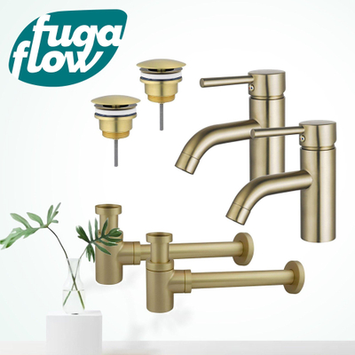 FugaFlow Eccelente Sobrado Badkamer Wastafelkraanset - voor dubbele wastafel - lage wastafelkraan - always open plug - verlaagde design sifon - PVD Geborsteld Messing