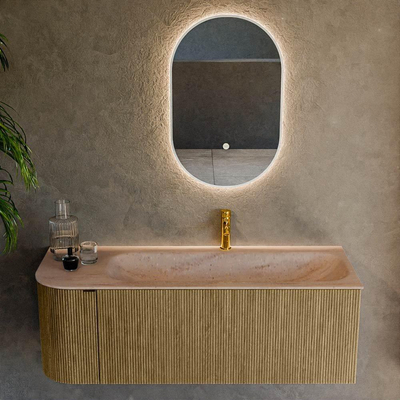 MONDIAZ KURVE-DLUX 125cm badmeubel ronding Links kleur Dusk met 1 lade en 1 deur. Wastafel BIG MEDIUM Rechts 1 kraangat Saba.