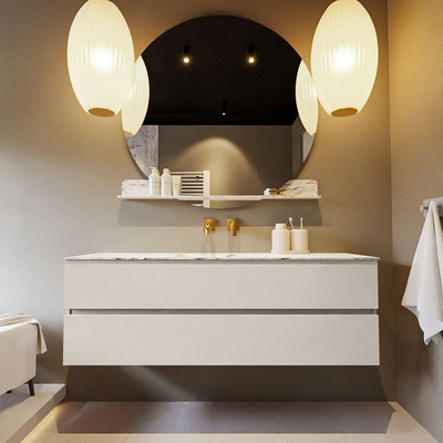 Mondiaz VICA-DLUX ensemble de meuble de salle de bain - 150cm - meuble sous-vasque lin - 2 tiroirs - lavabo encastrée nuage milieu - sans trous de robinet - version haute de 60cm - glace