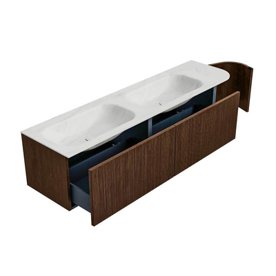 MONDIAZ KURVE-DLUX Meuble de salle de bains 175 cm avec module 25 R couleur Walnut avec 2 tiroirs et 1 porte. Lavabo STOR SMALL double / gauche 2 trous de robinet couleur Opalo.