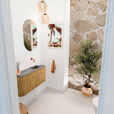 Mondiaz JOYA-DLUX 81.6cm toiletmeubel - ronding links kleur Oak - Wastafel FAYE positie Rechts Zonder kraangat kleur Sombra.