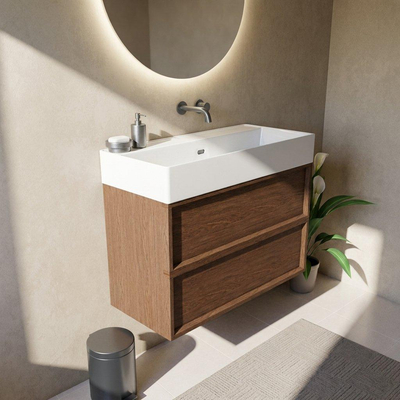 Saniclass Holz Frame Ensemble meuble de salle de bains - 100x45x72cm - Lavabo Legend en céramique blanc - 1 vasque - sans trou de robinetterie - 2 tiroirs - noyer pure mat (bois)