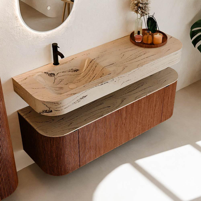 MONDIAZ THOR-DLUX Meuble de salle de bains - 140cm - arrondi gauche + droite - couleur Ruby - 1 tiroir - 2 portes - Vasque suspendue CLOUD Gauche 1 trou de robinet - couleur Arena