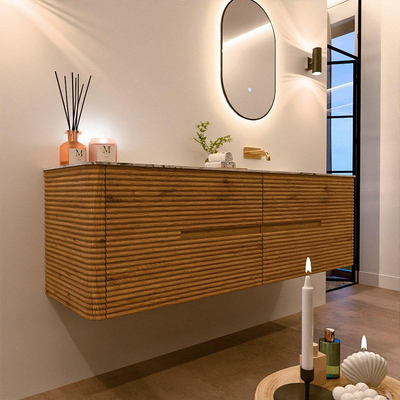 Mondiaz CIRO-DLUX Ensemble de meubles de salle de bains - 160x45x50cm - Plan-vasque Solid Surface Glace - 1 vasque à droite - sans trous de robinetterie - 4 tiroirs - Chêne