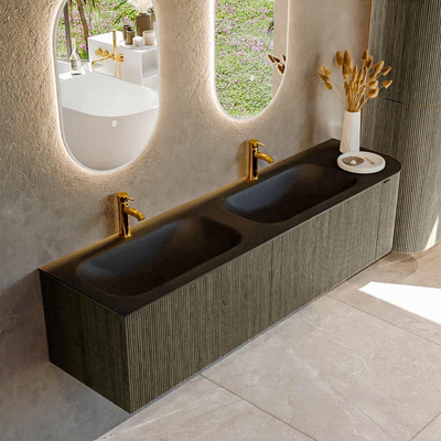 Mondiaz KURVE Ensemble de meuble de salle de bains - 175x46x40cm - 2 tiroirs - 1 porte - lavabo solid surface - double / gauche - 2 trous de robinet - Shadow