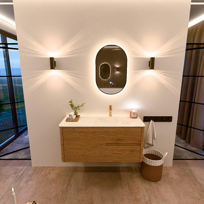 Mondiaz CIRO-DLUX Badkamermeubelset - 110x45x50cm - Solid surface wastafel Opalo - 1 wasbak Rechts - 1 kraangat - 2 lades - Oak