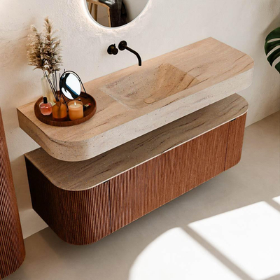 MONDIAZ THOR-DLUX 140cm meuble de salle de bains arrondi gauche + droite couleur Ruby avec 1 tiroir et 2 portes. Vasque suspendue CLOUD Milieu sans trou de robinet couleur Saba.