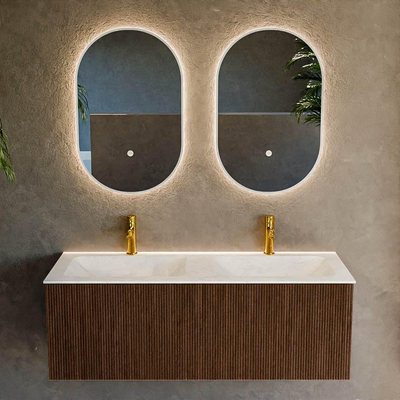 MONDIAZ KURVE-DLUX 120cm Meuble salle de bain - couleur Walnut - 1 tiroir - vasque LEAF double - 2 trous de robinet - couleur Opalo