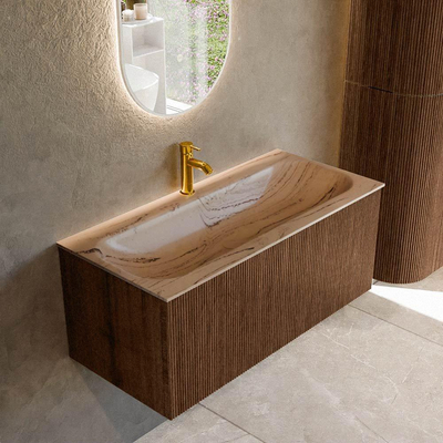 MONDIAZ KURVE-DLUX Meuble de salle de bains 100cm couleur Walnut avec 1 tiroir et 0 porte. Lavabo BIG MEDIUM Central 1 trou de robinet Arena.