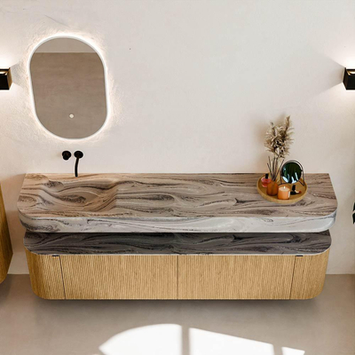 MONDIAZ THOR-DLUX 200cm meuble de salle de bains arrondi gauche + droite couleur Oak avec 2 tiroirs et 2 portes. Vasque suspendue CLOUD Gauche sans trou de robinet couleur Sombra.