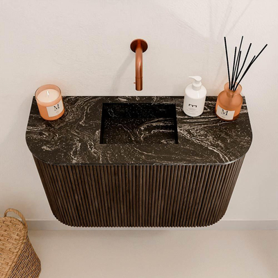 Mondiaz JOYA-DLUX 63.2cm toiletmeubel - ronding links en rechts kleur Walnut - Wastafel FAYE positie Midden Zonder kraangat kleur Lava.