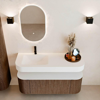 MONDIAZ THOR 130cm meuble de salle de bains arrondi gauche + droite couleur Walnut avec 1 tiroir et 2 portes. Vasque suspendue CLOUD gauche 1 trou de robinet couleur Talc.