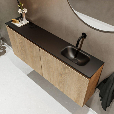 MONDIAZ TURE Fonteinset - 120x23x50cm - 0 kraangaten - 2 deuren - washed oak mat - Wasbak rechts - Solid Surface Zwart