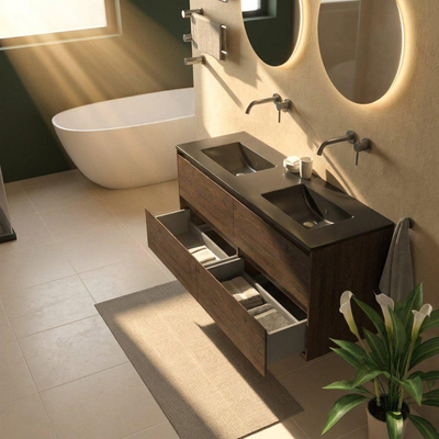 Saniclass Holz Pure Ensemble de meubles de salle de bains - 140x45x62cm - lavabo Vygo en céramique noir - 2 vasques - sans trous de robinet - 4 tiroirs - chêne charcoal mat (bois)