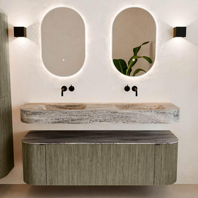 MONDIAZ THOR-DLUX 150cm meuble de salle de bains arrondi gauche + droite couleur Shadow avec 1 tiroir et 2 portes. Vasque suspendue CLOUD Double sans trou de robinet couleur Oza.