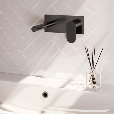 BRAUER Gunmetal Edition Wastafelmengkraan inbouw - rechte uitloop links - hendel breed plat - inclusief inbouwdeel - afdekplaat - model C 1 - PVD - geborsteld gunmetal