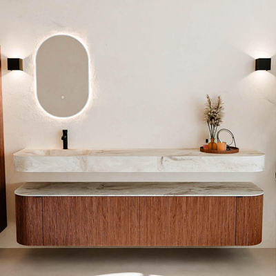 MONDIAZ THOR-DLUX 200cm badmeubel ronding links + rechts kleur Ruby met 2 lades en 2 deuren. Vrijhangende wastafel CLOUD Links 1 kraangat kleur Frappe.