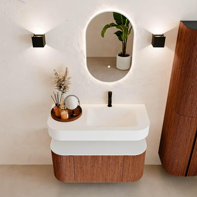 MONDIAZ THOR 100cm meuble de salle de bains arrondi gauche + droite couleur Ruby avec 1 tiroir et 2 portes. Vasque suspendue CLOUD Droite 1 trou de robinet couleur Talc.