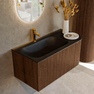 MONDIAZ KURVE Meuble de salle de bains 95cm avec module 25 R couleur Walnut avec 1 tiroir et 1 porte. Lavabo BIG SMALL gauche 1 trou de robinet Urban.