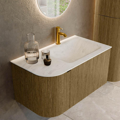 Mondiaz KURVE-DLUX Ensemble de meuble salle de bain - 85x46x40cm - 1 tiroir - 1 porte - lavabo en solid surface - droite - 1 trou de robinet - Dusk
