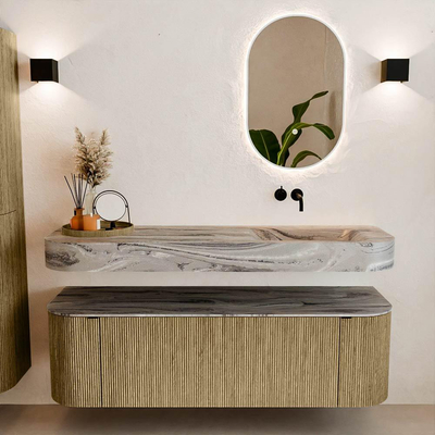 MONDIAZ THOR-DLUX 150cm meuble de salle de bains arrondi gauche + droite couleur Dusk avec 1 tiroir et 2 portes. Vasque suspendue CLOUD droite sans trou de robinet couleur Sombra.