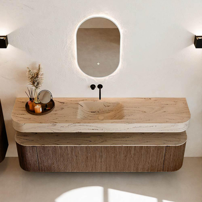 MONDIAZ THOR-DLUX 190cm meuble de salle de bains arrondi gauche + droite couleur Walnut avec 2 tiroirs et 2 portes. Vasque suspendue CLOUD Milieu sans trou de robinet couleur Arena.