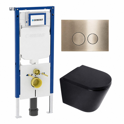 QeramiQ Dely Toiletset - 36.3x51.7cm - diepspoel - rimless - Geberit UP720 inbouwreservoir - softclose toilet zitting - 35mm - geborsteld messing bedieningsplaat - ronde knoppen - mat zwart