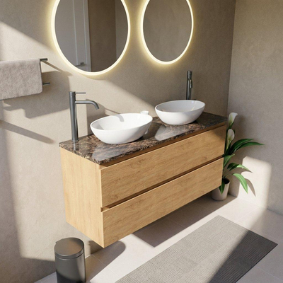 Saniclass Holz Pure Ensemble meuble de salle de bains - 140x45x63cm - Plan de travail en pierre naturelle Noche dark emperador - 2 trous de robinet - 4 tiroirs - chêne natural mat (bois)