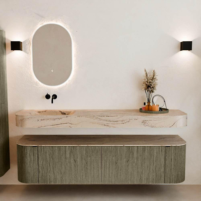 MONDIAZ THOR-DLUX 180cm meuble de salle de bains arrondi gauche + droite couleur Shadow avec 2 tiroirs et 2 portes. Vasque suspendue CLOUD Gauche sans trou de robinet couleur Arena.