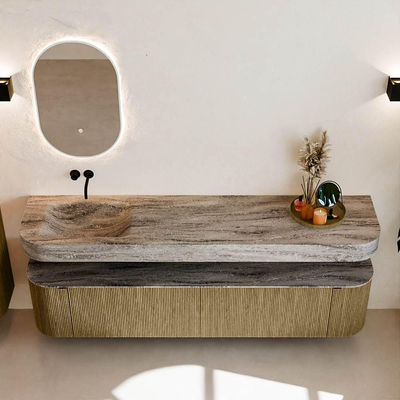 MONDIAZ THOR-DLUX 200cm meuble de salle de bains arrondi gauche + droite couleur Dusk avec 2 tiroirs et 2 portes. Vasque suspendue CLOUD Gauche sans trou de robinet couleur Oza.