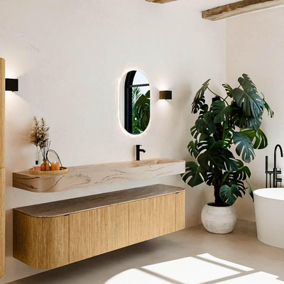 MONDIAZ THOR-DLUX 180cm meuble de salle de bains arrondi gauche + droite couleur Oak avec 2 tiroirs et 2 portes. Vasque suspendue CLOUD Droite 1 trou de robinet couleur Arena.