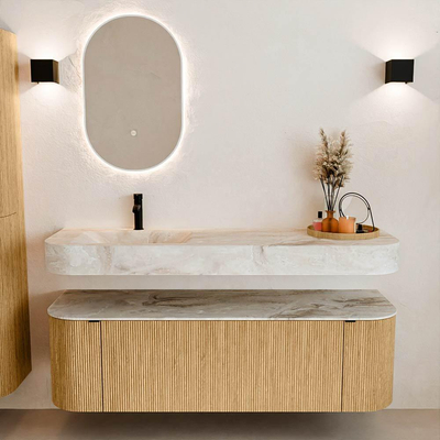 MONDIAZ THOR-DLUX 150cm meuble de salle de bains arrondi gauche + droite couleur Oak avec 1 tiroir et 2 portes. Vasque suspendue CLOUD gauche 1 trou de robinet couleur Frappe.