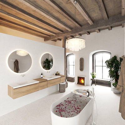 MONDIAZ BUKLA 240cm ensemble de meuble avec module 40 gauche couleur Chêne blanchi avec 4 tiroirs. Lavabo CLOUD double 0 trou de robinet couleur Talc.