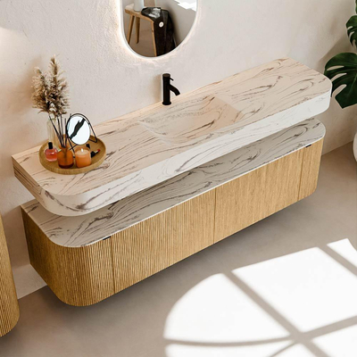 MONDIAZ THOR-DLUX 180cm badmeubel ronding links + rechts kleur Oak met 2 lades en 2 deuren. Vrijhangende wastafel CLOUD Midden 1 kraangat kleur Nata.