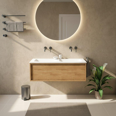 Saniclass Holz Frame Ensemble de meubles de salle de bains - 120x45x57.5cm - vasque Torino en solid surface blanche - sans trou de robinet - 1 tiroir - chêne natural mat (bois)