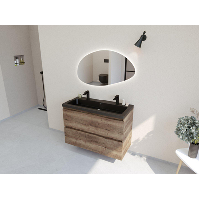 HR badmeubelen Infinity XXL 3D Ensemble meuble de salle de bains - 100 cm - 1 lavabo en céramique djazz noir mat - 2 trous de robinet - 2 tiroirs - charleston