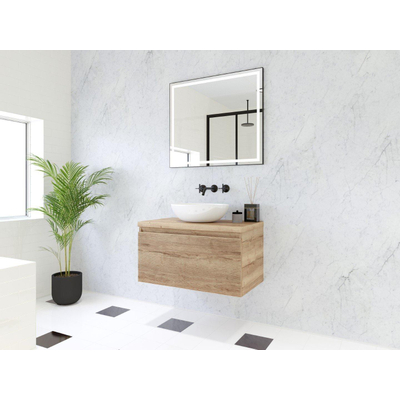 HR Matrix 3d meuble de salle de bain ensemble 80cm 1 tiroir sans poignée avec bandeau couleur chêne français avec dessus chêne français
