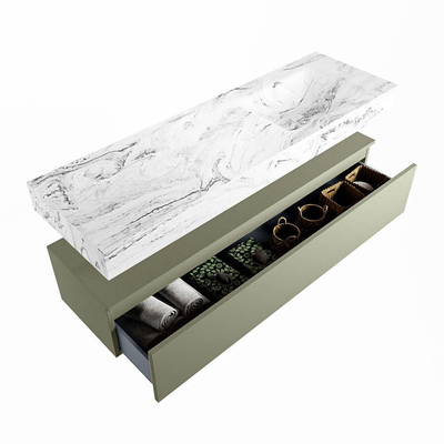 Mondiaz ALAN-DLUX Ensemble de meuble - 150cm - meuble Army mat - 1 tiroir - Lavabo Cloud Glace suspendu - vasque Droite - 0 trous de robinet
