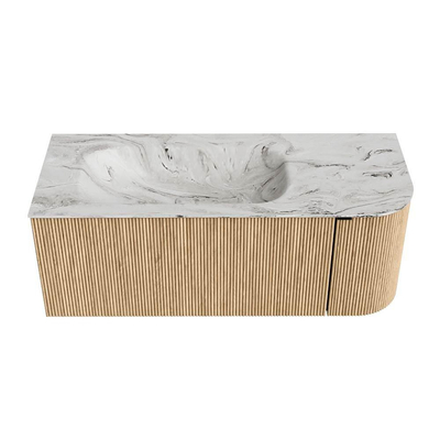 MONDIAZ KURVE-DLUX Meuble de salle de bains 115 cm avec module 25 R couleur Oak avec 1 tiroir et 1 porte. Lavabo BIG SMALL gauche 1 trou de robinet couleur Glace.