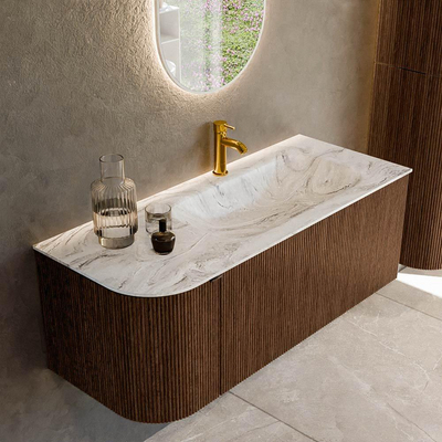 MONDIAZ KURVE-DLUX 115cm badmeubel met module 25 L kleur Walnut met 1 lade en 1 deur. Wastafel BIG SMALL rechts 1 kraangat kleur Glace.