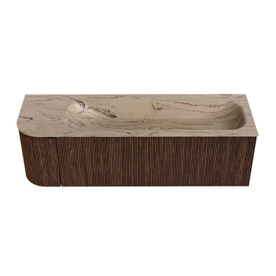 MONDIAZ KURVE-DLUX 145cm badmeubel ronding Links kleur Walnut met 1 lade en 1 deur. Wastafel BIG LARGE Rechts 1 kraangat Arena.
