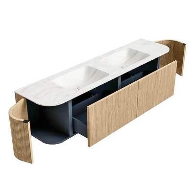 MONDIAZ KURVE-DLUX Meuble de salle de bains 180 cm avec module 25 Len R couleur Oak avec 2 tiroirs et 2 portes. Lavabo LEAF double sans trou de robinet couleur Ostra.