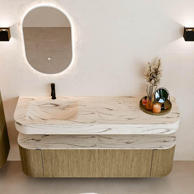 MONDIAZ THOR-DLUX Meuble de salle de bains - 160cm - arrondi gauche + droite - couleur Dusk - 1 tiroir et 2 portes - Vasque suspendue CLOUD Gauche 1 trou de robinet - couleur Nata