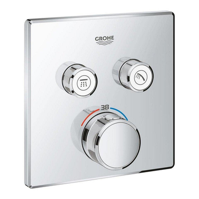 Grohe - Adema Rise Ensemble de douche pluie - carré - coude mural avec support de douchette - flexible de douche lisse - douchette à main - bras mural - douchette principale 25 cm - thermostat encastré Grohe SmartControl - chrome