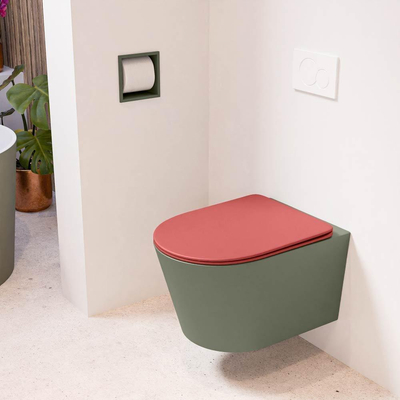 Mondiaz LAVIE hangtoilet – spoelrandloos – 36 x 53 cm – met softclose zitting – Army (groen), zitting Fire (rood)