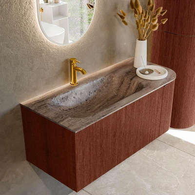MONDIAZ KURVE-DLUX Meuble de salle de bains 105cm arrondi à droite couleur Ruby avec 1 tiroir et 1 porte. Lavabo BIG SMALL gauche 1 trou de robinet Oza.
