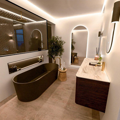 Mondiaz CIRO-DLUX Badkamermeubelset - 160x45x50cm - Solid surface wastafel Frappe - 1 wasbak Rechts - 1 kraangat - 4 lades - Walnut